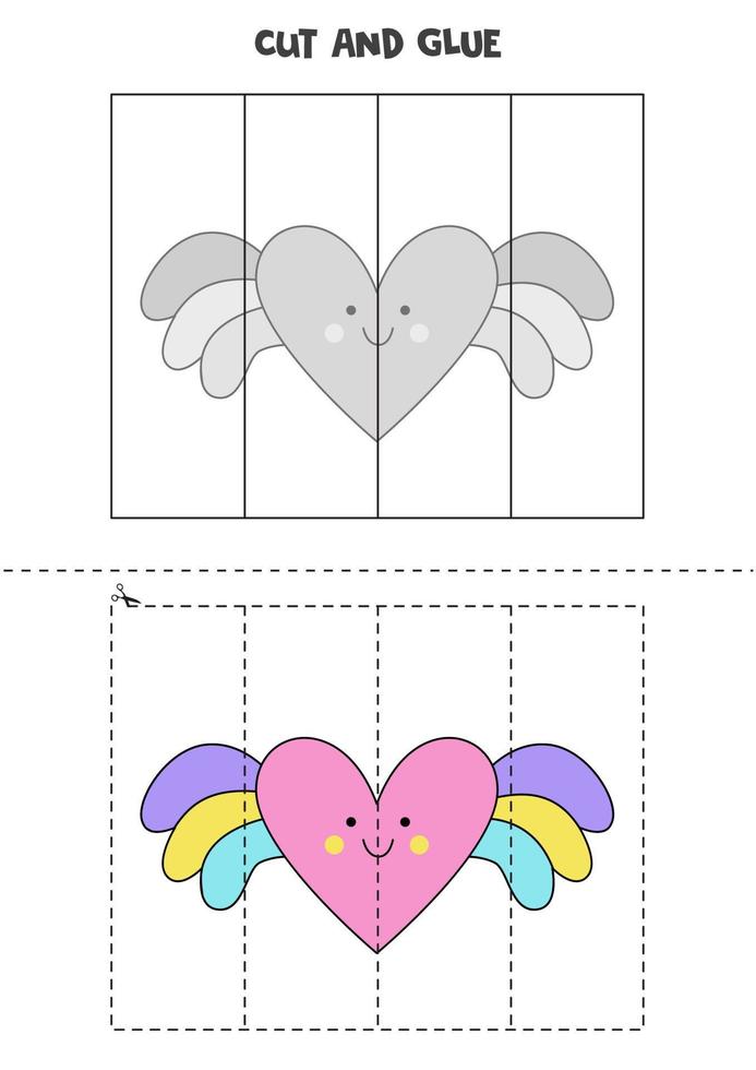 Schneide- und Klebespiel für Kinder. süßes fliegendes Herz. vektor