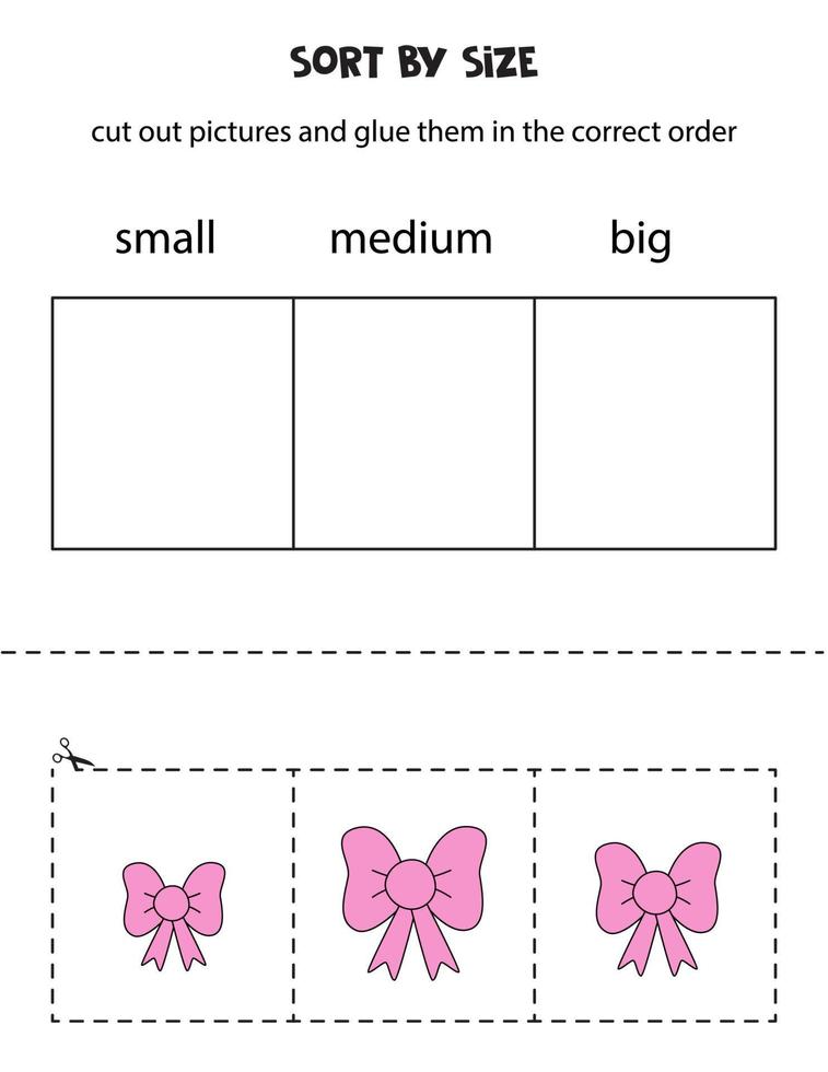 klipp ut bilder och sortera dem efter storlek. liten, medium eller stor. pedagogiskt arbetsblad. vektor