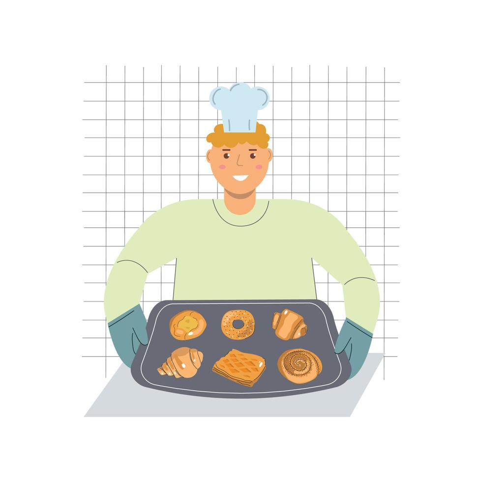 manlig kock håller bakplåt med färska bullar. matlagning koncept. handritad platt illustration. vektor