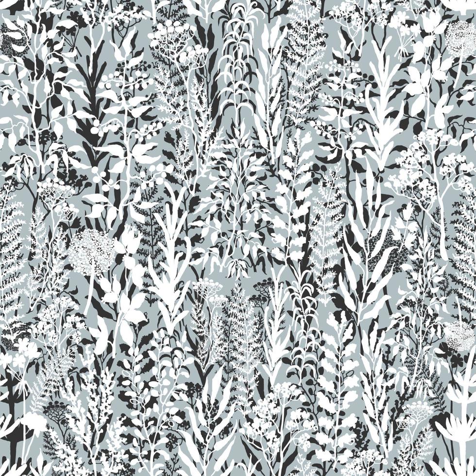vektor sömlös bakgrund med svart och vit illustration av örter, växter och blommor. kan användas för tapeter, skuggmönster, webbsida, ytstrukturer, textiltryck, omslagspapper