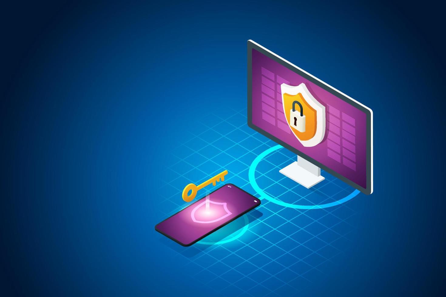 två lager av dataskydd på datorn genom upplåsning via mobiltelefon. vektor