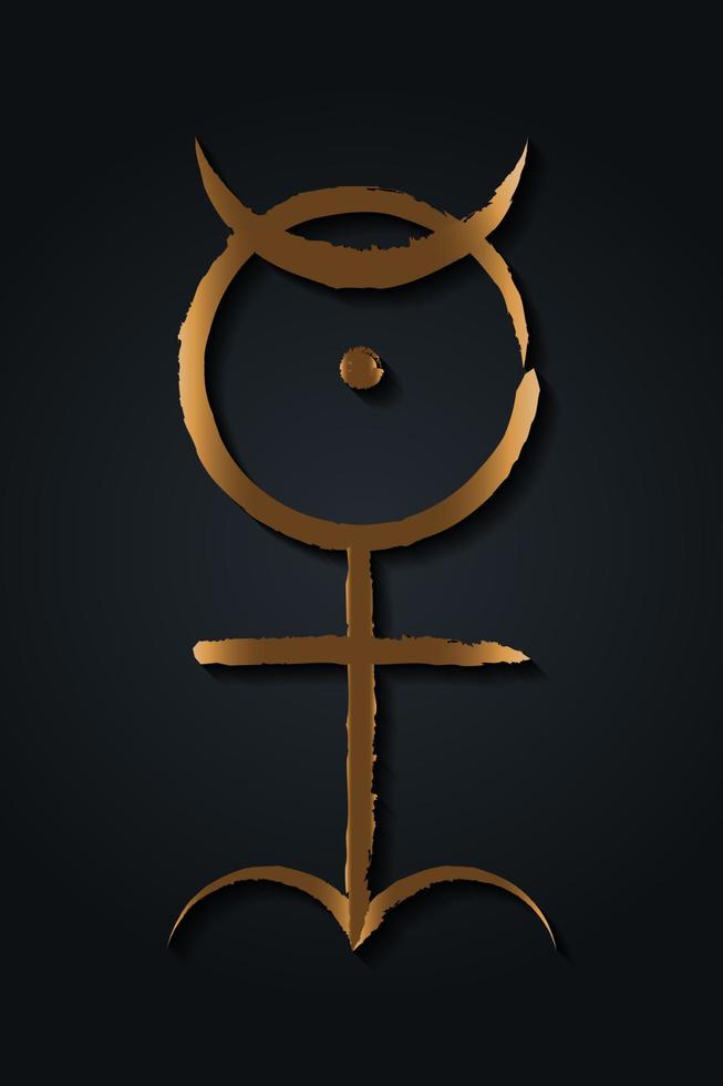 gyllene hieroglyf monad esoterisk symbol, helig geometri, monas hieroglyf, guld penseldrag stil. mystiska logotyp ikon vektor isoalted på svart bakgrund