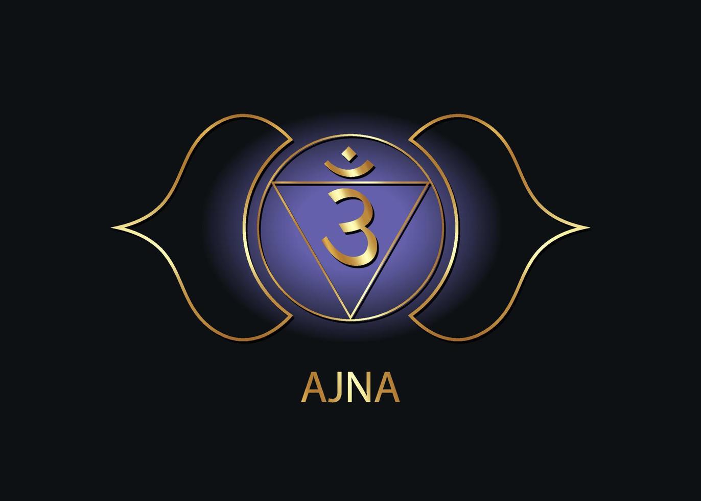 tredje ögat chakra ajna logotyp mall. det sjätte frontalchakrat, sakral guldteckenmeditation, yogablå och lila rund mandalaikonvektor isolerad på svart bakgrund vektor