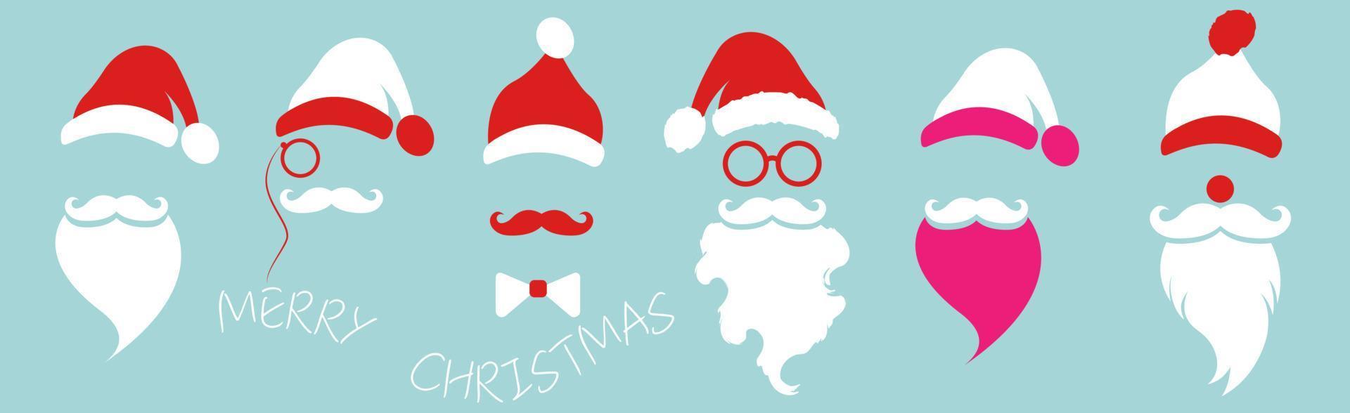 Santa Claus Fashion Hipster Style Set Icons. Weihnachtsmützen, Schnurrbart und Bärte, Brille. Weihnachtselemente für Ihr festliches Design. Vektor-Illustration auf blauem Hintergrund isoliert vektor