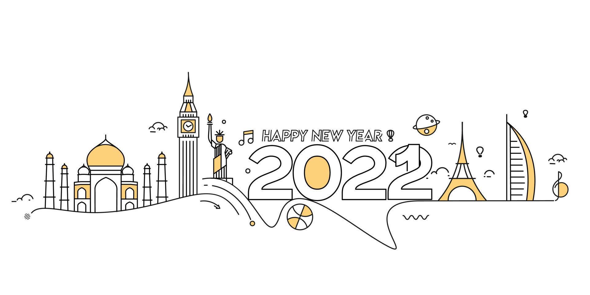 Frohes neues Jahr 2022 Text mit Reisewelt Designmuster, Vektorillustration. vektor