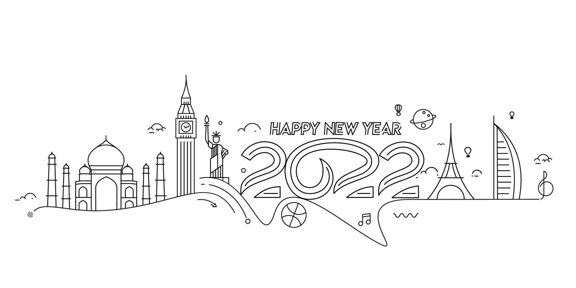 Frohes neues Jahr 2022 Text mit Reisewelt Designmuster, Vektorillustration. vektor