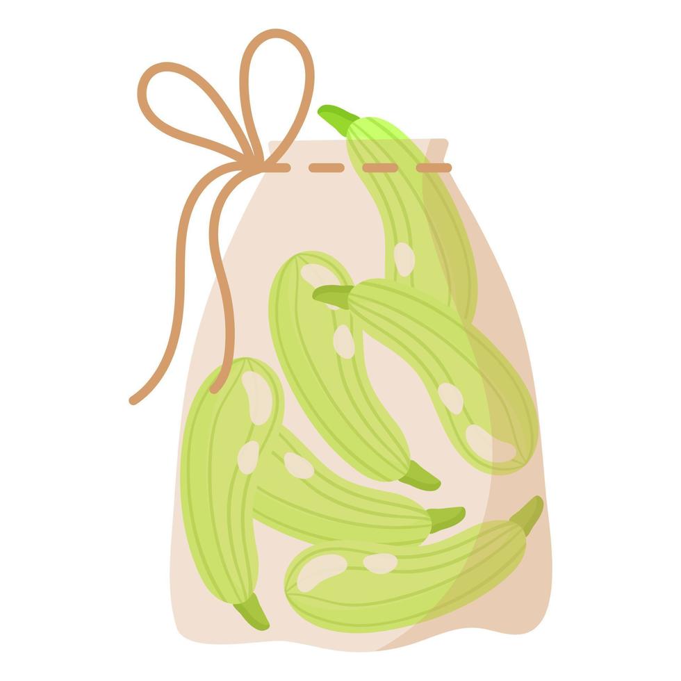 Stoff transparente wiederverwendbare Öko-Tasche zum Wiegen von Lebensmitteln, Gemüse und Obst ohne Plastiktüte mit Zucchini. vektor