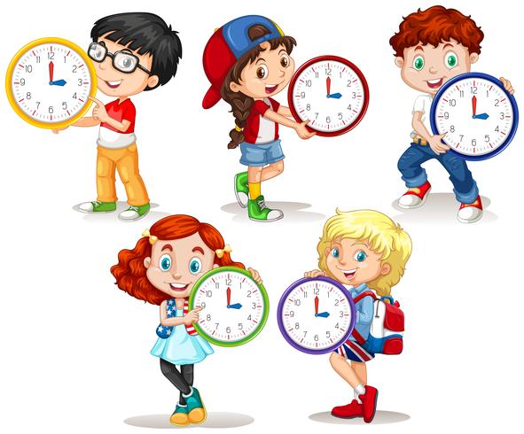 Kinder, die Uhr auf weißem Hintergrund halten vektor