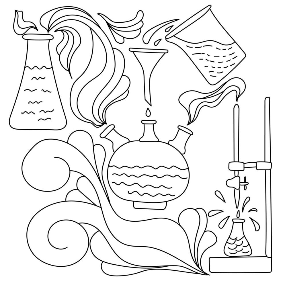 Malvorlagen zum Thema Wissenschaft, Laborglas und Ausrüstung mit Fantasiemustern, Anti-Stress-Färbung zum Thema Experiment vektor