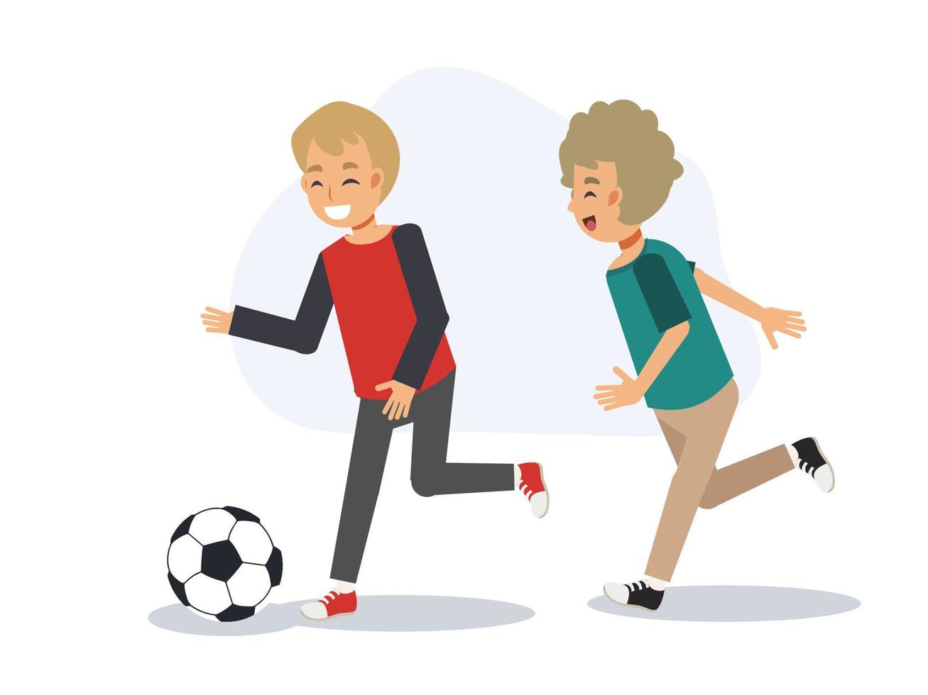 Bildungssportkonzept, junges Kind spielt Fußball, Fußball zusammen. flache Vektorgrafik 2D-Cartoon-Figur. vektor