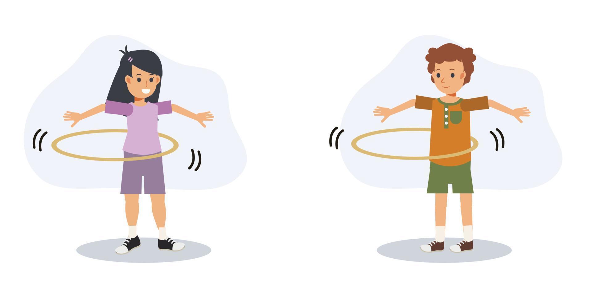 barn som spelar hulahoop ring. rolig sportaktivitet. mage. platt vektor 2d seriefigur illustration.