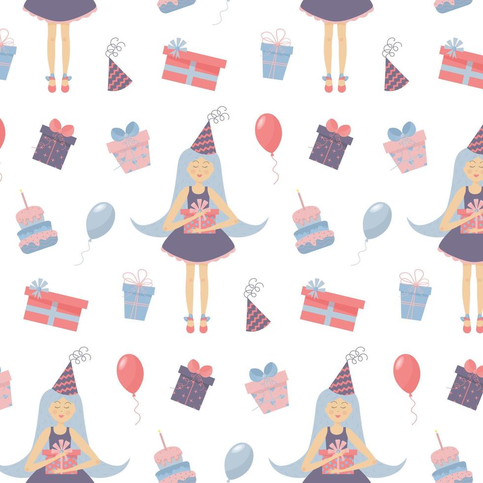 sömlösa mönster med en flicka, presentförpackningar, festhatt, tårta och ballonger. vektor