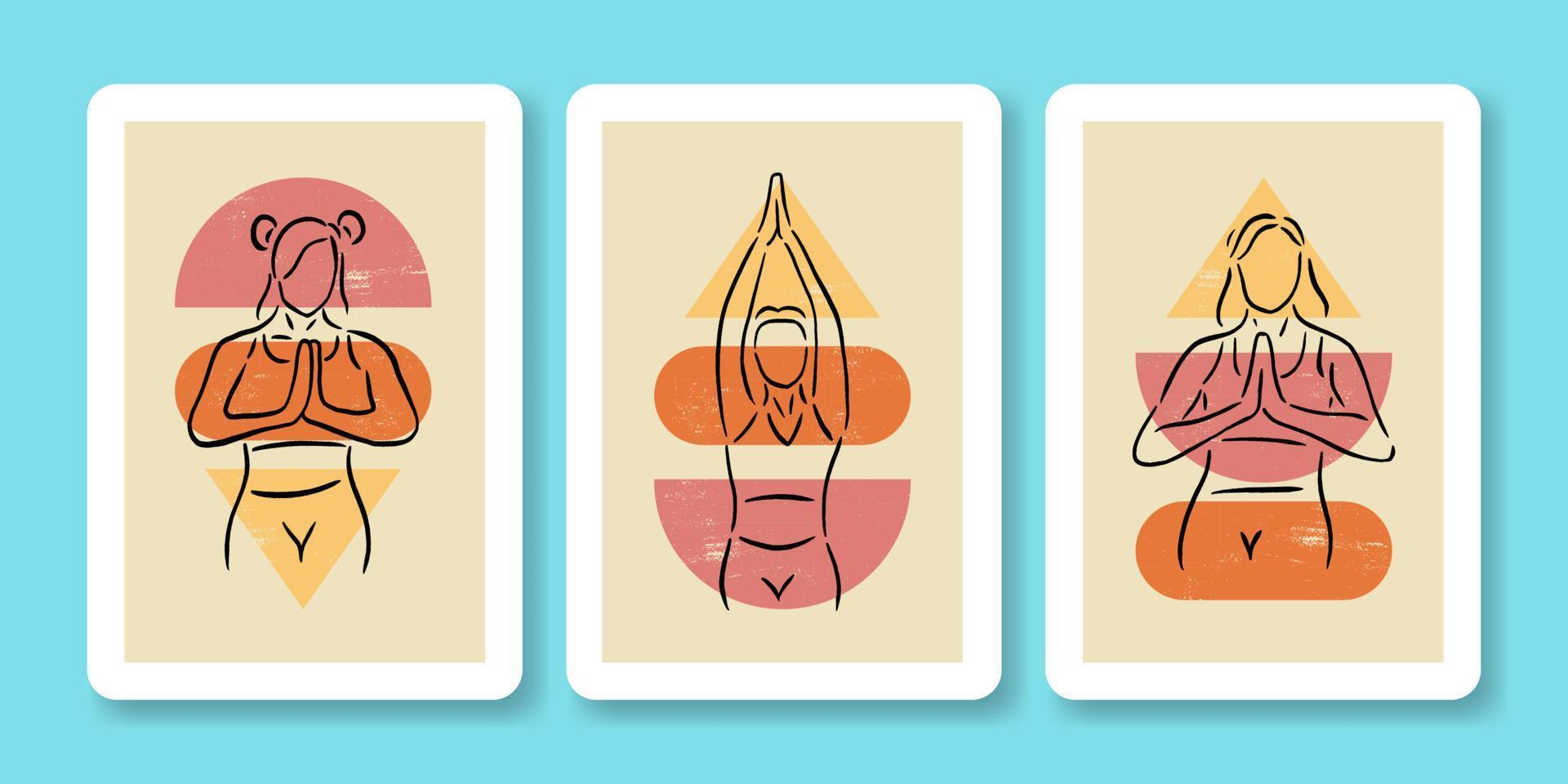 uppsättning av kvinna gör yoga pose affisch illustration vektor