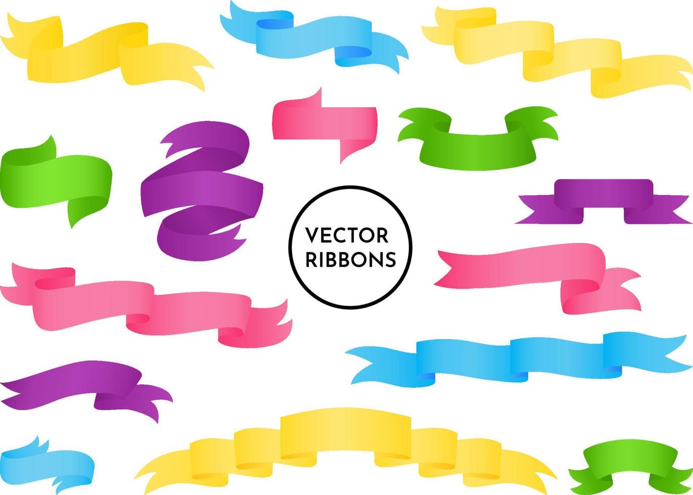 Reihe von bunten Bändern, isoliert auf weißem Hintergrund. gelb, blau, grün, violett, pink. für Grafikdesign, Element für Karte, Werbevektorillustration vektor