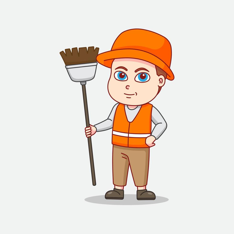 Hausmeister in oranger Uniform mit Besen vektor