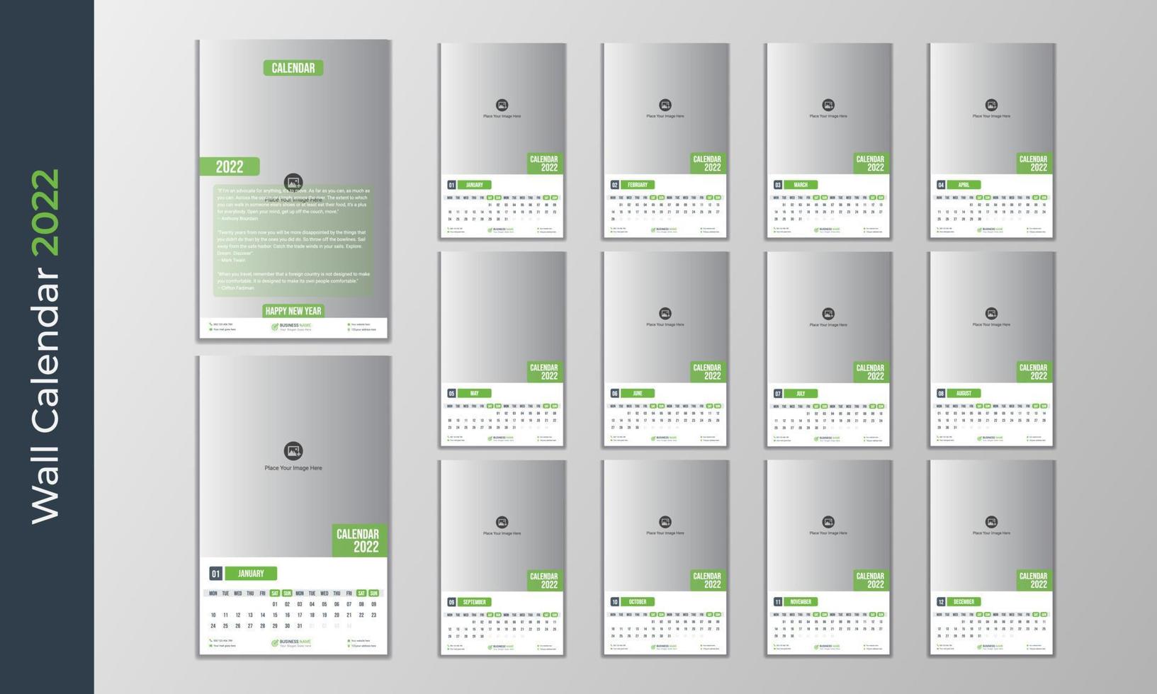 grüner bunter Reise-Wandkalender 2022 Design mit minimalistischem Stil vektor