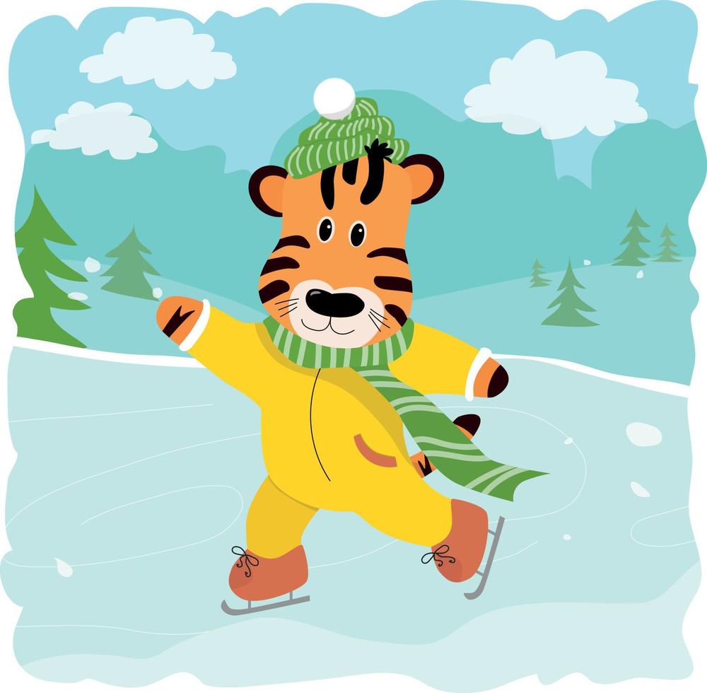 söt tiger bär stickad hatt och halsduk som njuter av skridskoåkning vektor