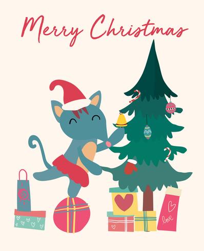 Weihnachtskarte, netter Fuchs auf Geschenkbox mit Baum vektor
