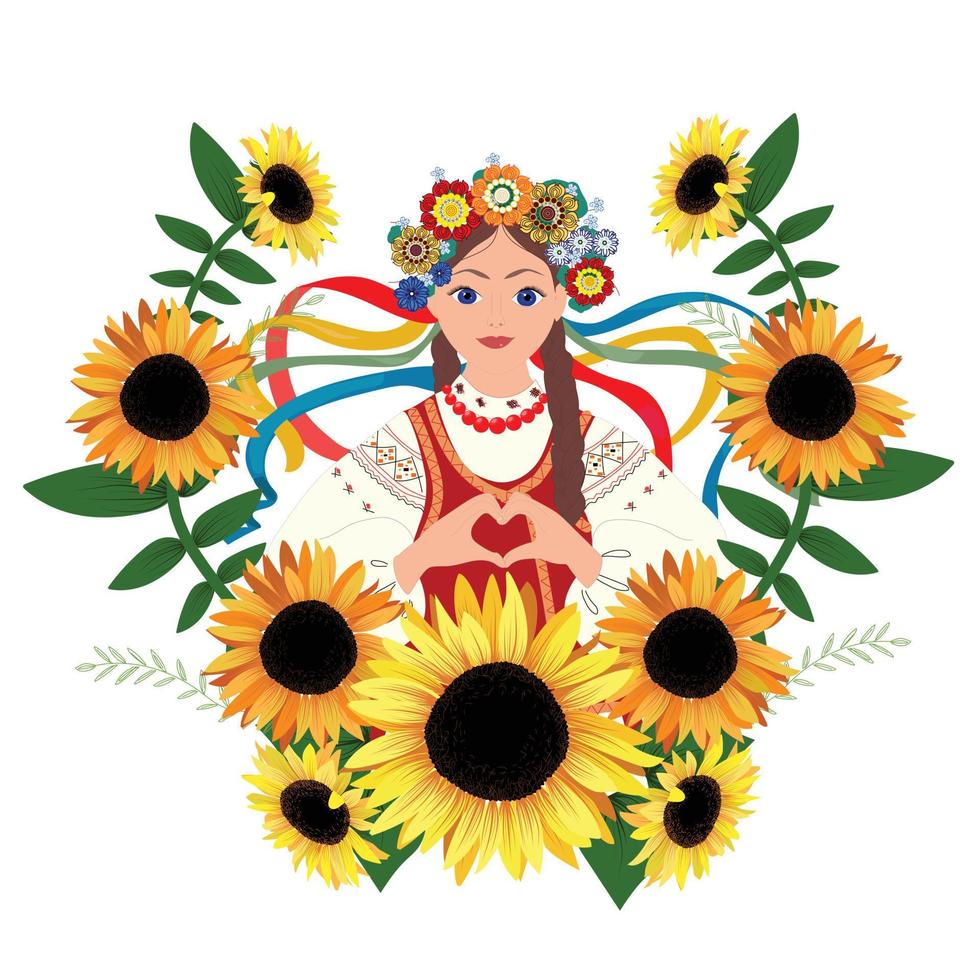 ukrainisches Mädchen in traditioneller Kleidung mit Sonnenblumen vektor