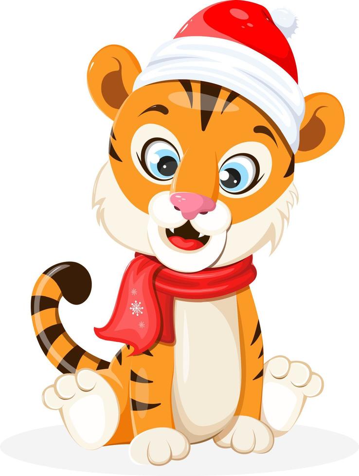 glücklicher Tiger mit roter Wintermütze und Schal im Cartoon-Stil vektor