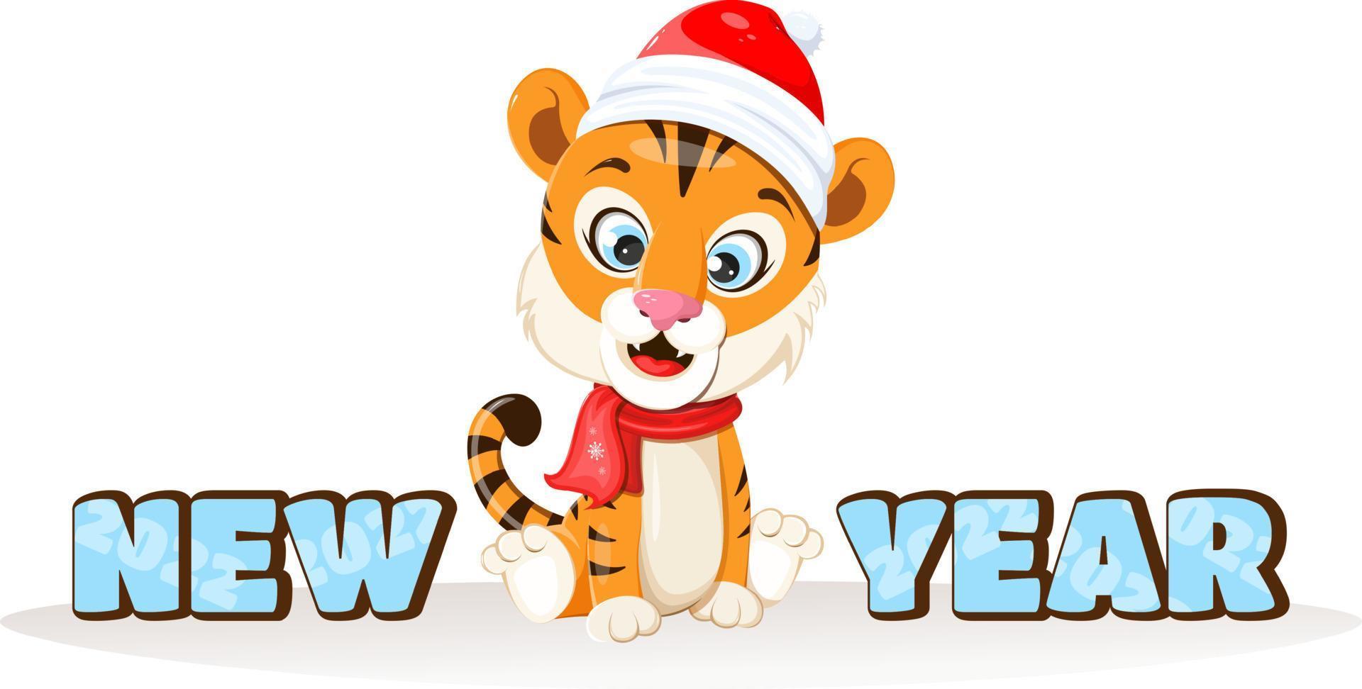 Tiger mit roter Wintermütze und Schal und Text Neujahr im Cartoon-Stil vektor