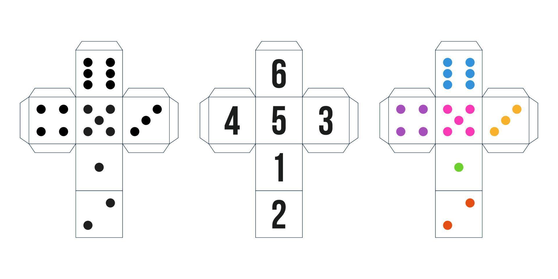 uppsättning papperstärningsmallar isolerad på vit bakgrund, utskrivbart schema för att skära från papper. design för bords- eller brädspel, hasardspel, kasinon. vektor illustration.