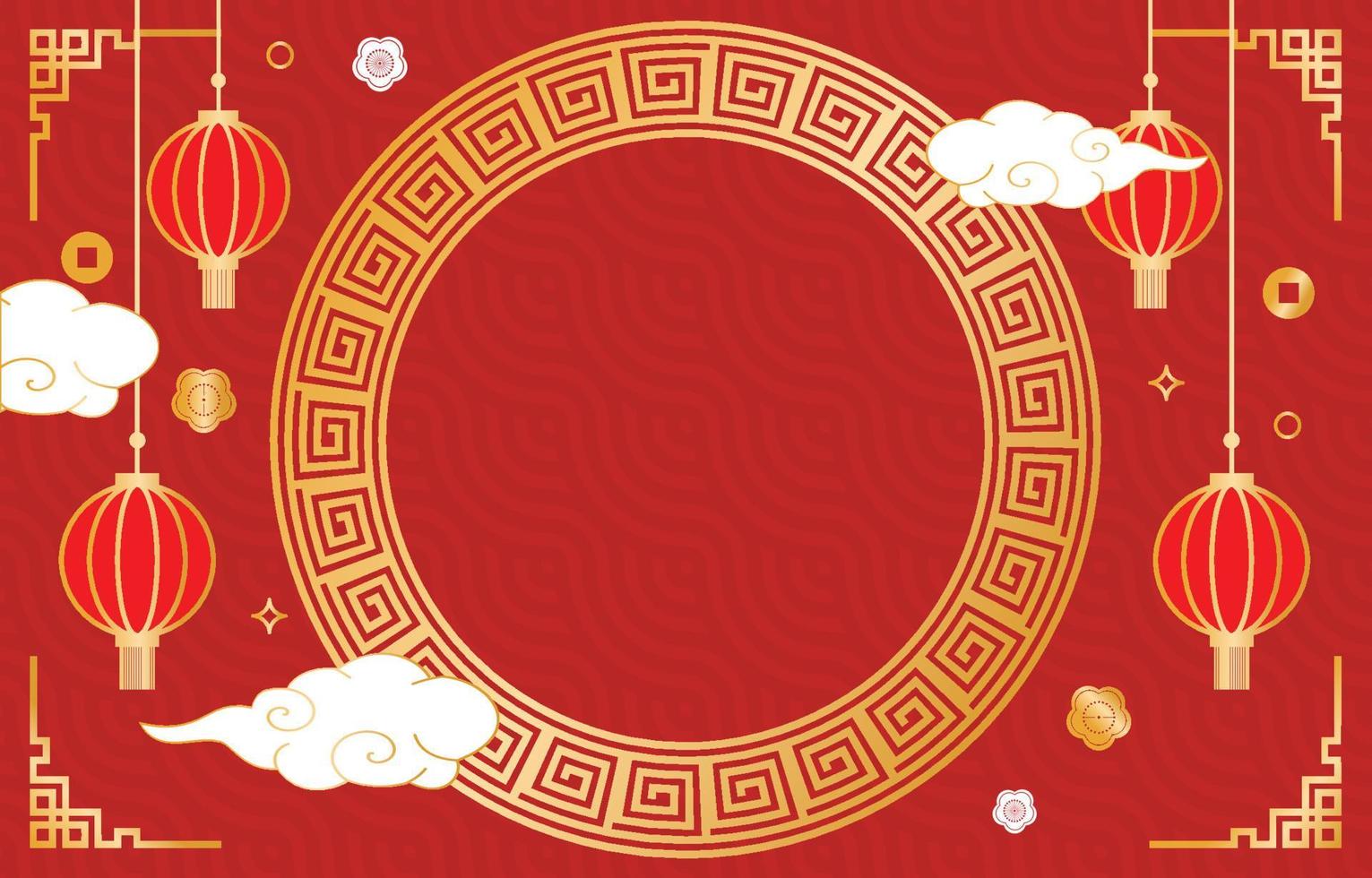 cirkel ram kinesiskt nyår med lykta prydnad och röd bakgrund vektor