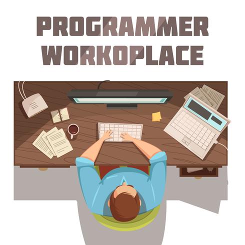 Programmierer-Arbeitsplatz-Karikatur-Konzept vektor