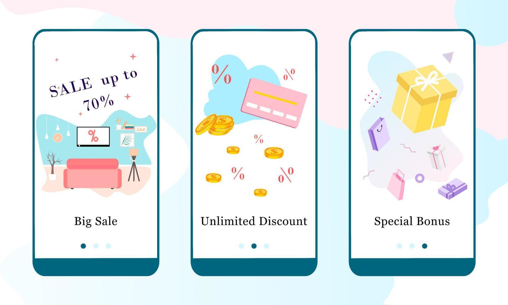 Vektorgrafik von großem Verkauf, unbegrenztem Rabatt und Sonderbonus auf den Onboarding-App-Bildschirmen und dem Webkonzept. moderne Benutzeroberfläche ux, ui gui-Bildschirmvorlage für Smartphones oder Website-Banner. vektor