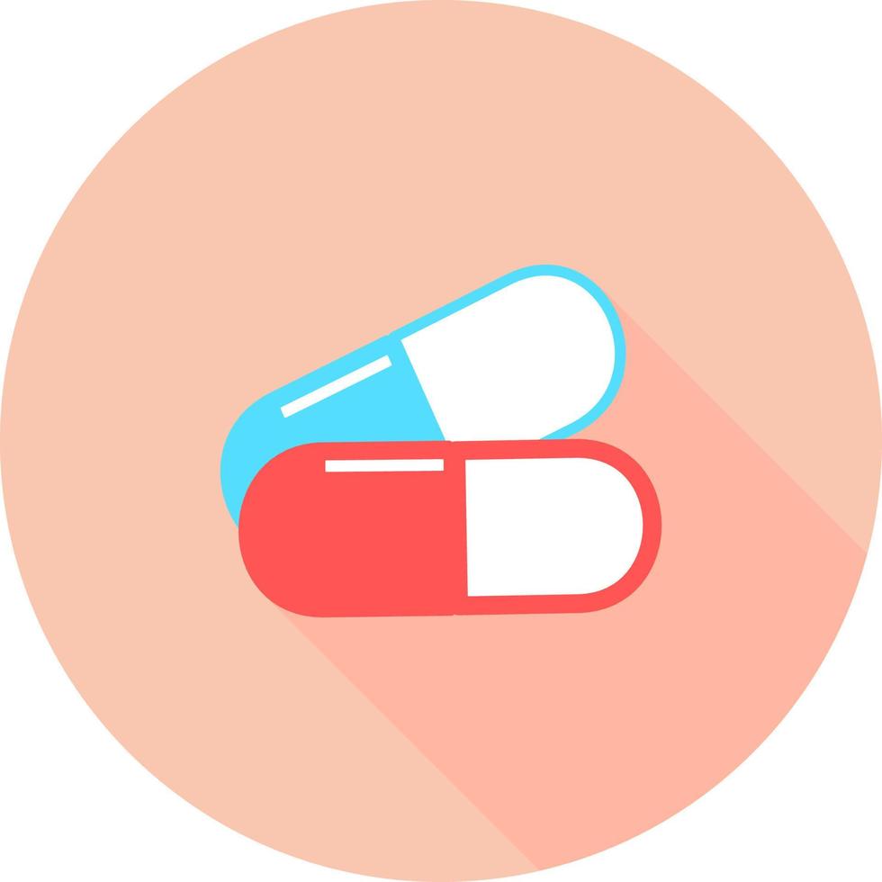 medicinsk piller i cirkel ikon med långa skuggor. medicin, apotek, läkemedelssjukhus. medicinering, läkemedelskoncept. vektor illustration. droger platt ikon. piller, kapsel. sjukvård medicin ikon.