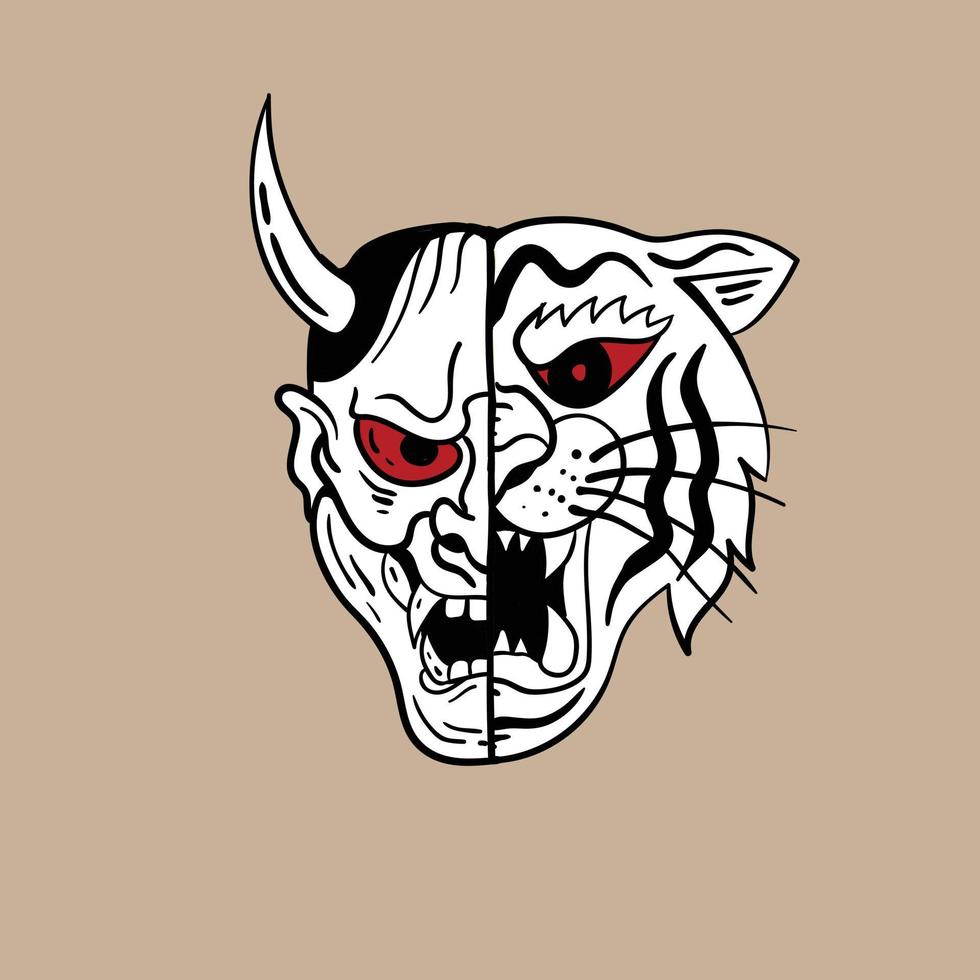 djävulen mask och tiger svart och vitt illustration tryck på tröjor tröjor och souvenirer premium vektor