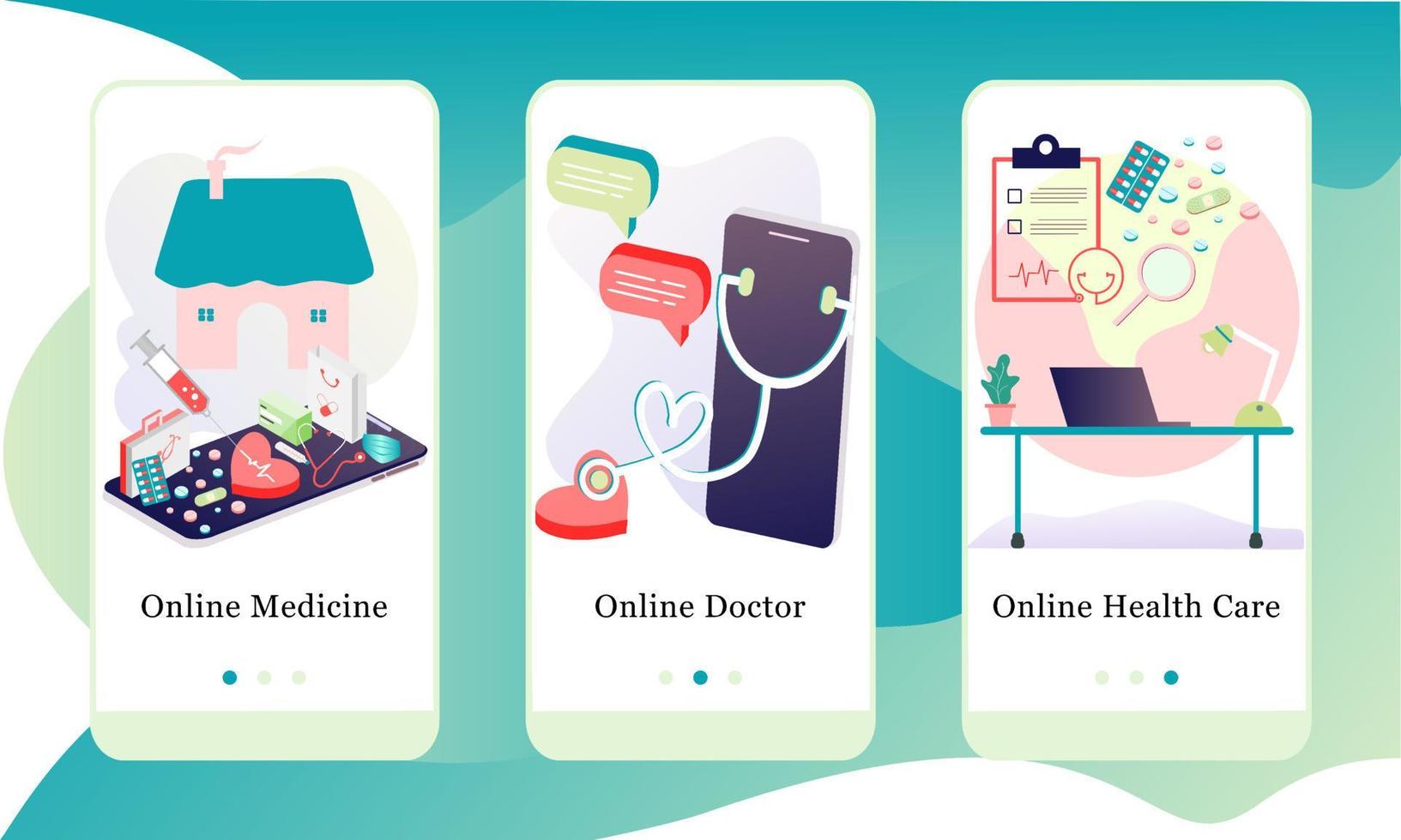 applikationsdesignuppsättning för onlinemedicin, onlineläkare och onlinehälsovård. ui onboarding-skärmdesign. webbplats för mall för mobilapp. 3d moderna vektorillustrationer för användargränssnitt. vektor