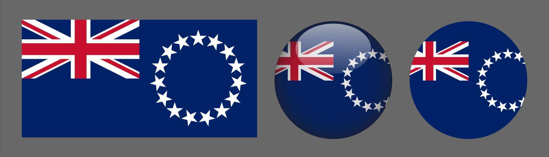 Cook Islands flagguppsättning, originalstorleksförhållande, 3d rundad och platt rundad vektor