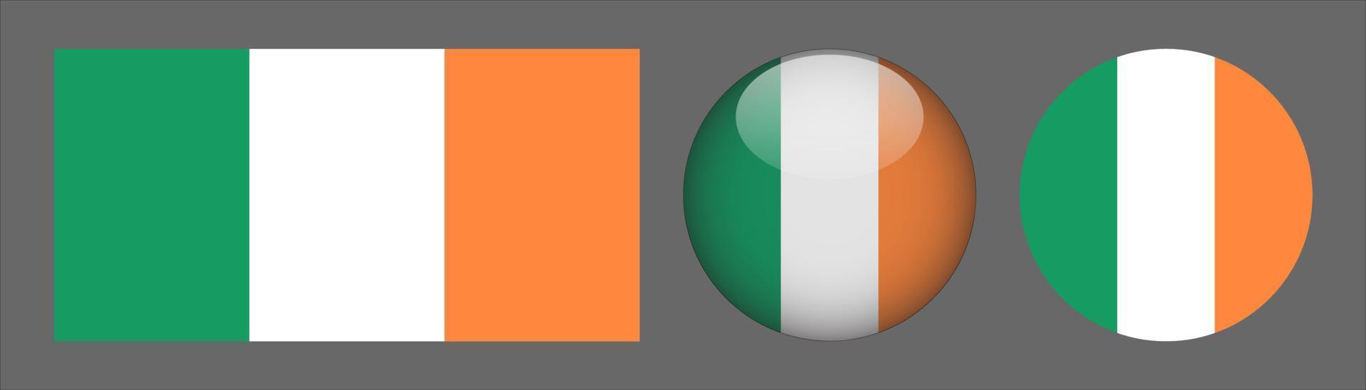 irland flag set collection, original storleksförhållande, 3d rundad och platt rundad vektor