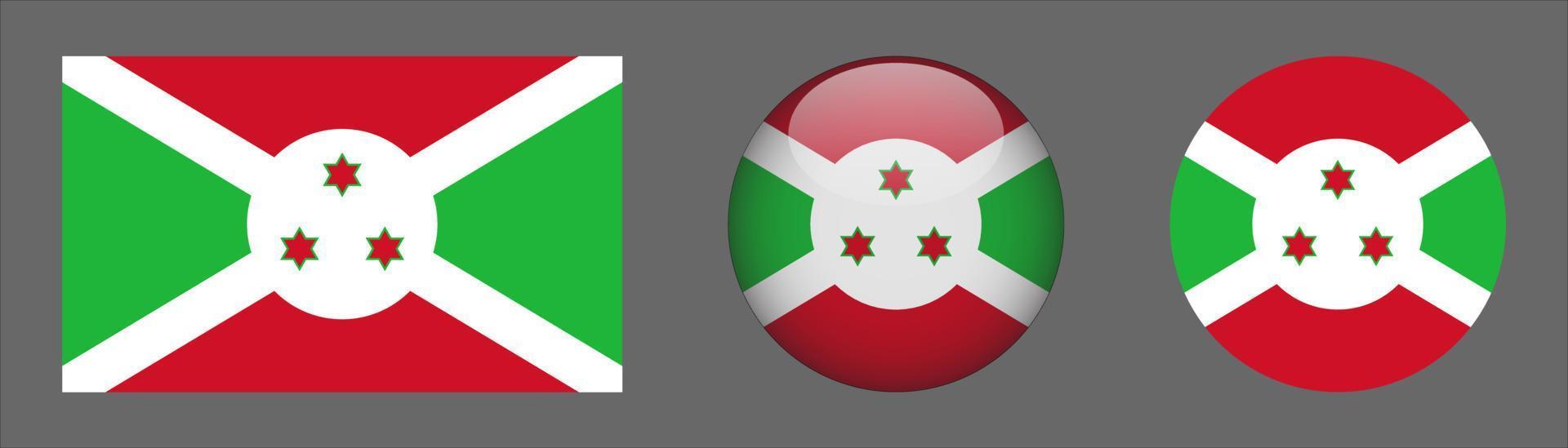 burundi flaggset samling, originalstorleksförhållande, 3d rundad och platt rundad vektor