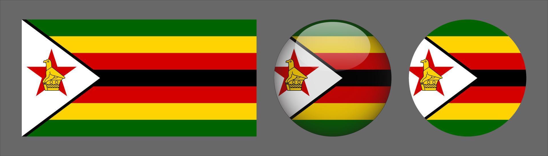 zimbabwe flaggset samling, originalstorleksförhållande, 3d rundad, platt rundad. vektor