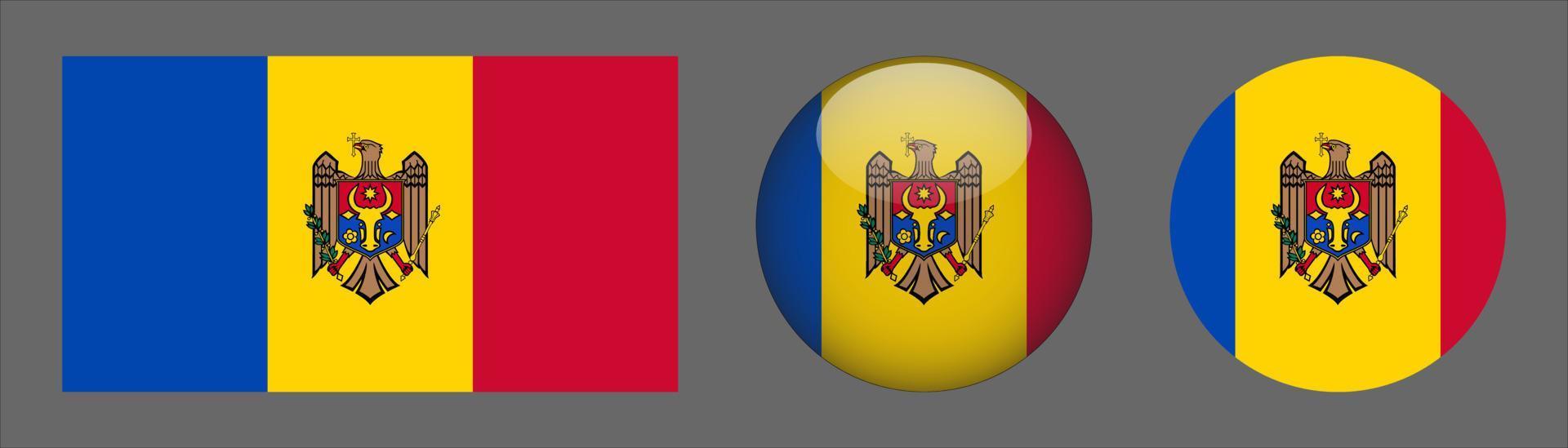 Moldaviens flaggsetsamling, originalstorleksförhållande, 3d rundad och platt rundad. vektor