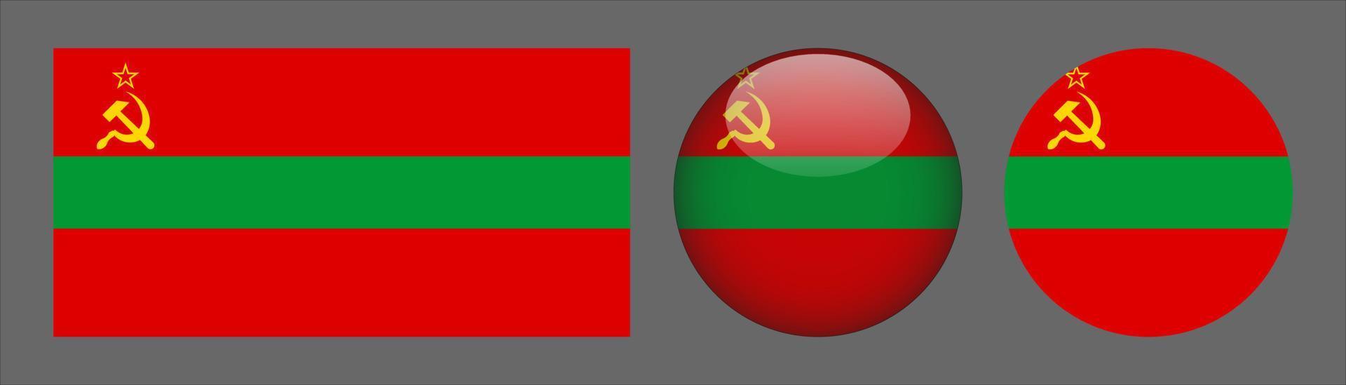 Transnistrien-Flaggenset-Kollektion, Originalgrößenverhältnis, 3D abgerundet und flach abgerundet. vektor