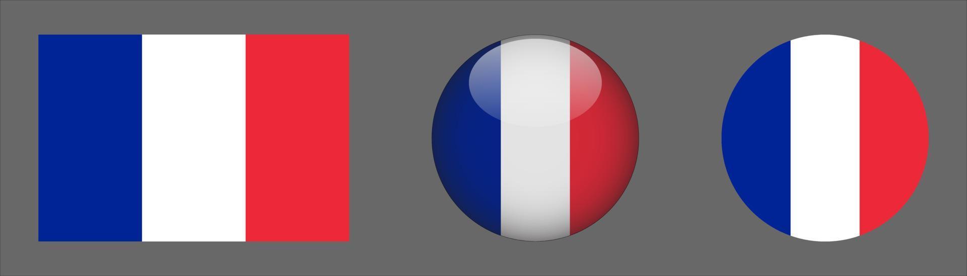 Frankrike flagguppsättning, originalstorleksförhållande, 3d rundad och platt rundad vektor