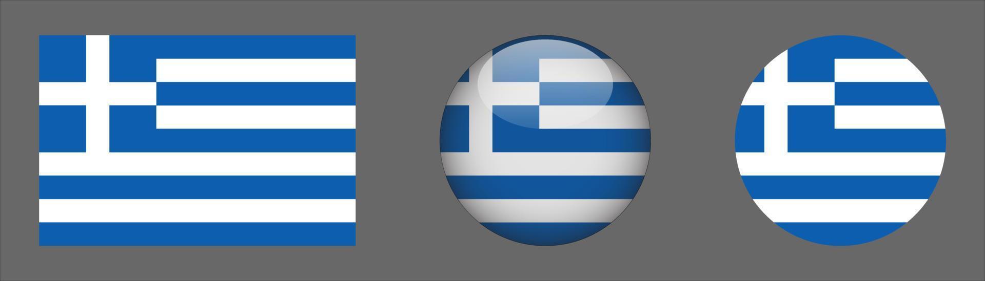 Griechenland Flaggenset Sammlung, Original Größenverhältnis, 3D abgerundet und flach abgerundet vektor