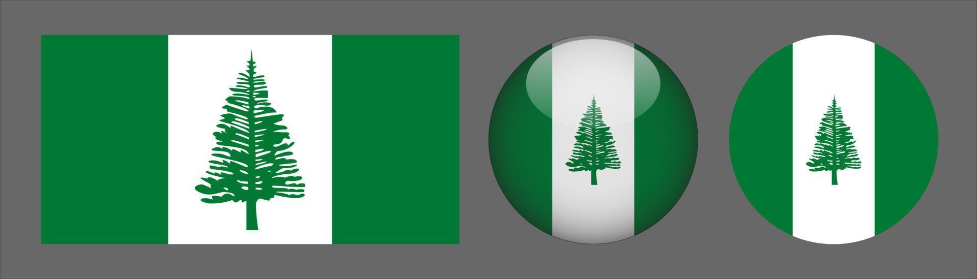 norfolk island flag set samling, original storleksförhållande, 3d rundad och platt rundad. vektor