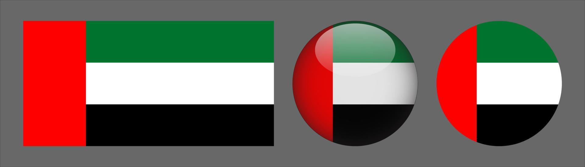 Förenade Arabemiraten flaggsatssamling, originalstorleksförhållande, 3d rundad, platt rundad. vektor