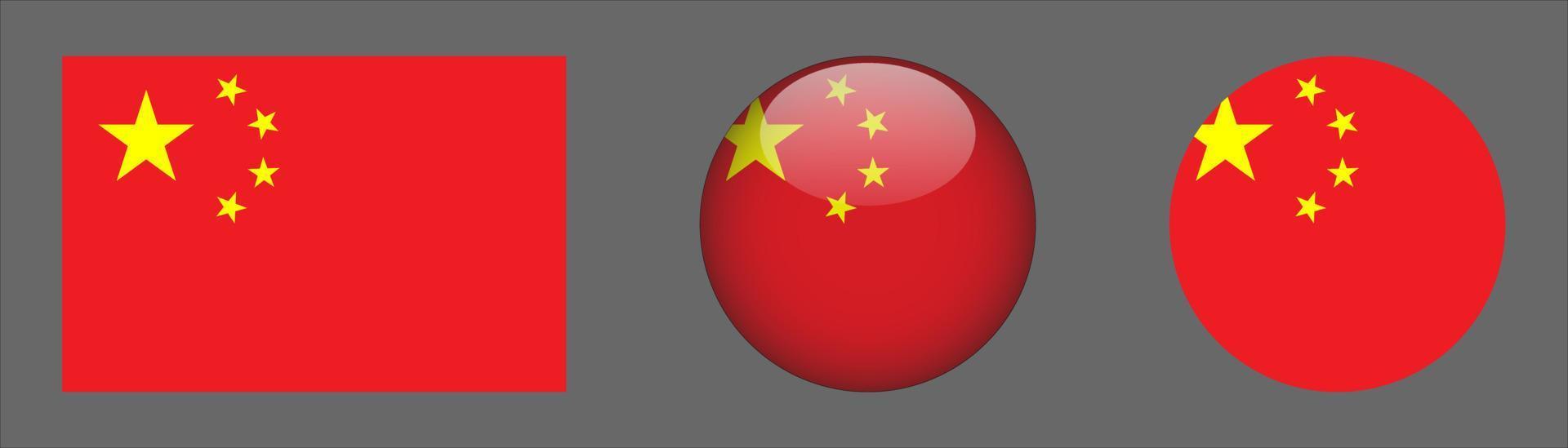 China Flag Set Collection, Originalgrößenverhältnis, 3D abgerundet und flach abgerundet vektor