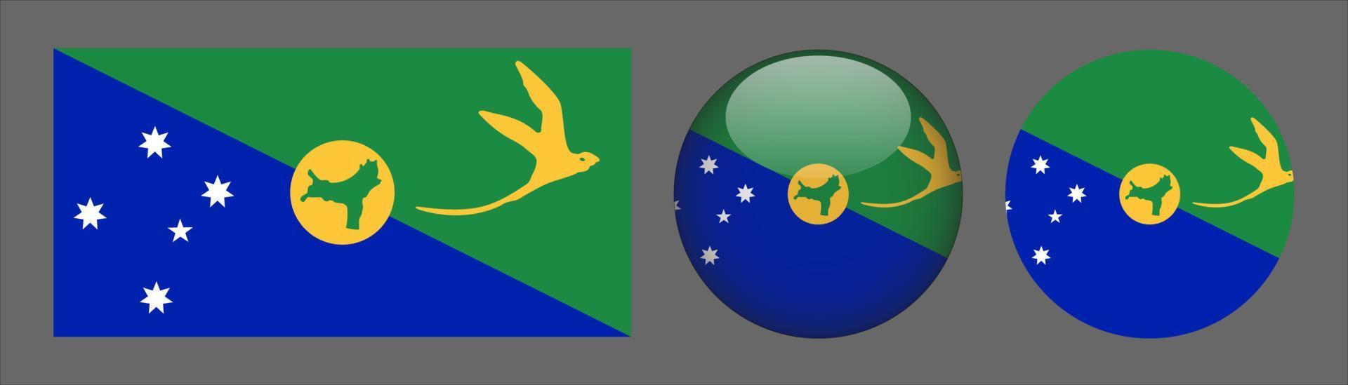 christmas island flag set samling, original storleksförhållande, 3d rundad och platt rundad vektor