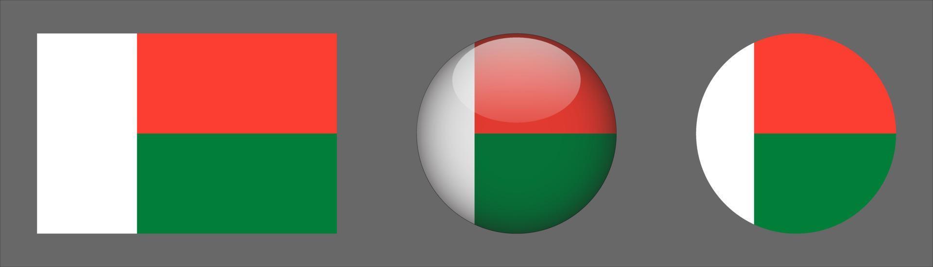 madagaskar flaggset samling, original storleksförhållande, 3d rundad och platt rundad. vektor