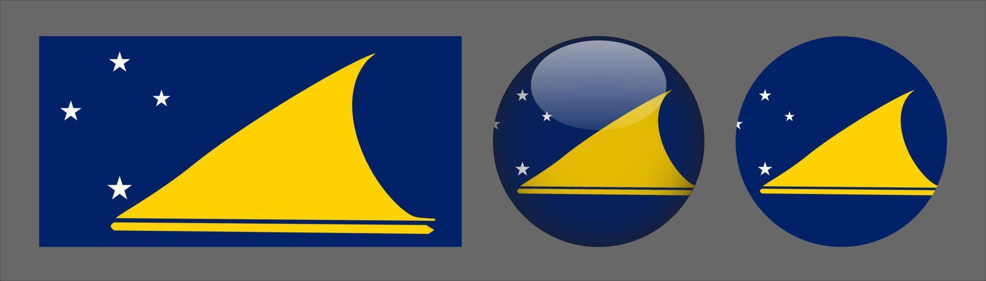 Tokelau flagga set samling, original storleksförhållande, 3d rundad och platt rundad. vektor