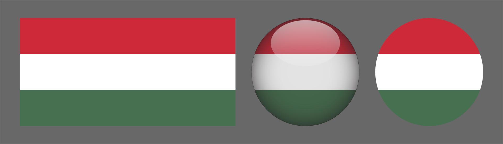 ungersk flagguppsättning, originalstorleksförhållande, 3d rundad och platt rundad vektor