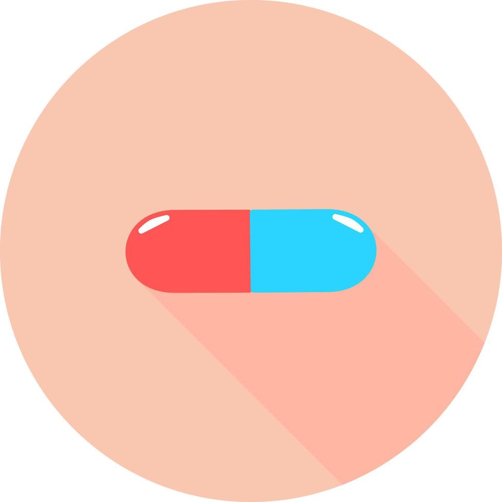 medicinsk piller i cirkel ikon med långa skuggor. medicin, apotek, läkemedelssjukhus. medicinering, läkemedelskoncept. vektor illustration. droger platt ikon. piller, kapsel. sjukvård medicin ikon.