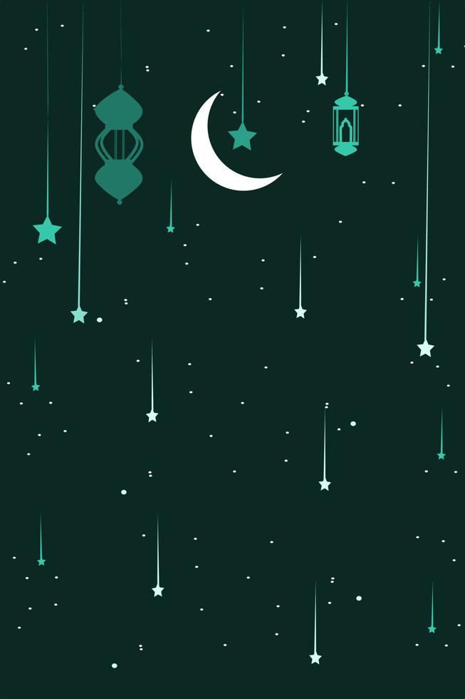 Nachtlandschaftsillustration im flachen Stil mit Designlichtlaterne, Halbmond und Sternen in abstrakter Form der Nachtansicht. schöner Ramadan Kareem Hintergrund. Vorlage für Handy-Bildschirmschoner vektor