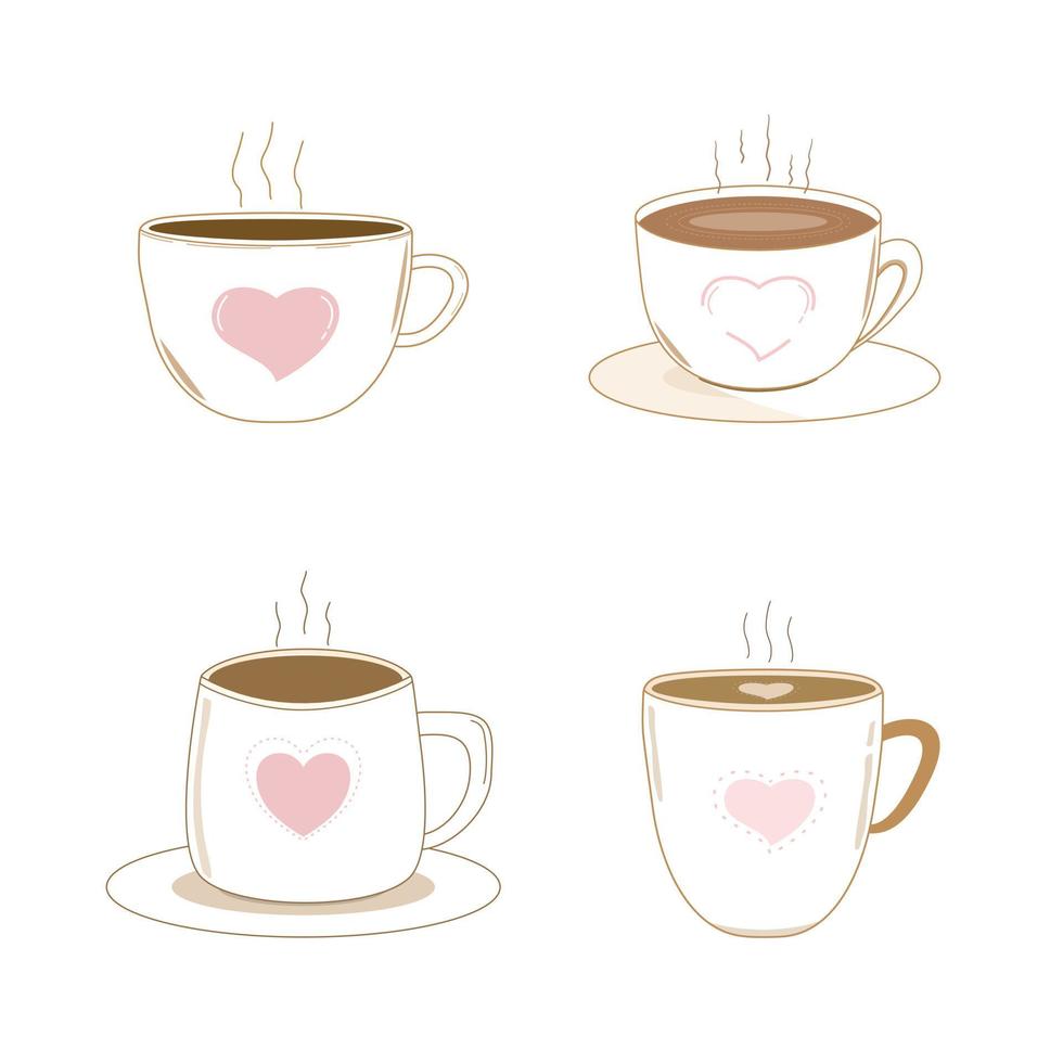 vektor - söt uppsättning varm kaffekopp med rosa hjärta. objekt. härlig retrostil. ClipArt. kan användas dekorera vilken webb, klistermärke, ikon, logotyp, banner.